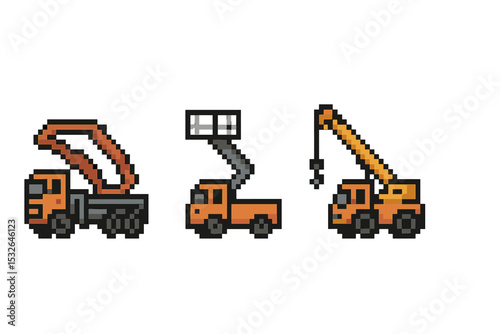 Pixel art construction vehicles: dump truck, loader, crane on gray background