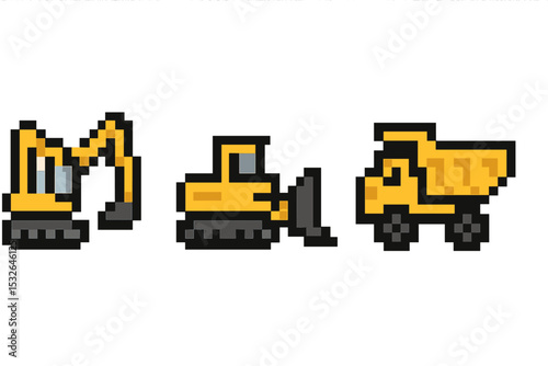 Pixel art construction vehicles: excavator, bulldozer, and dump truck