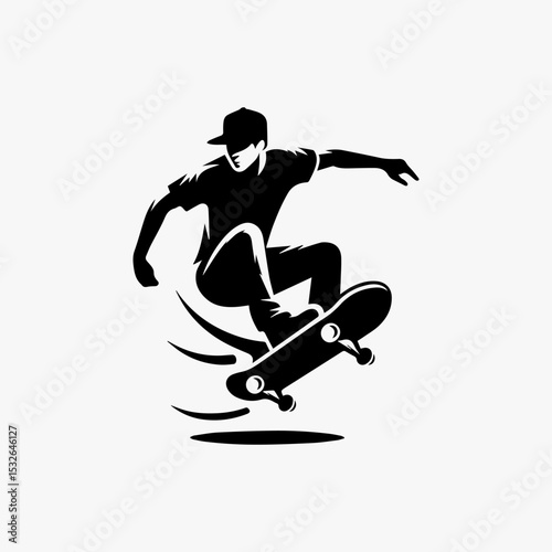 Minimalist extreme sports logo with black silhouette of skateboarder mid-flip showing perfect board control