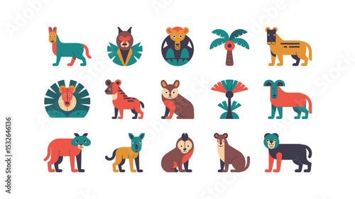 Colorful Geometric Safari Animals and Tropical Palm Tree Illustration Set