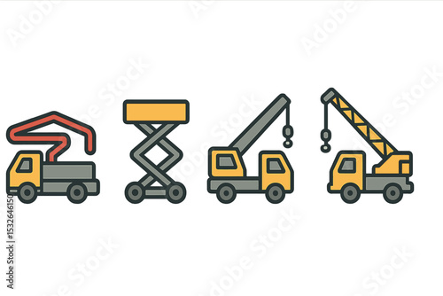 Construction vehicles icons on green background: crane, lift, truck, machinery symbols