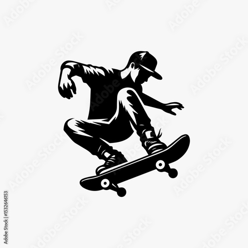 Dynamic street skater vector art showcasing gravity-defying trick with flying board and wind-swept stance