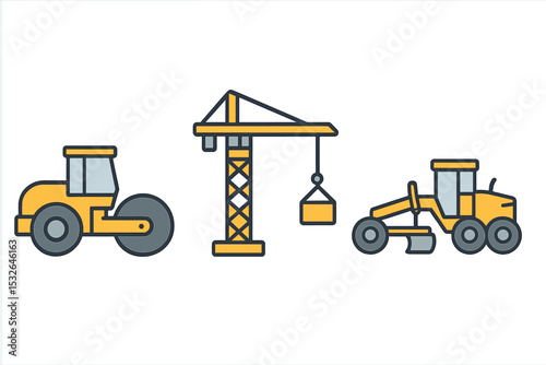 Construction machinery icons: roller, crane, grader on gradient background