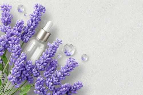 Elegant Lavender Serum Bottle with Floral Natural Skincare Elements on Soft Gray Background. Generative AI