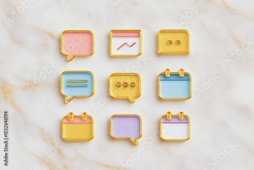 3D Colorful Chat and Calendar Icons on Marble Background for Interface Design. Generative AI