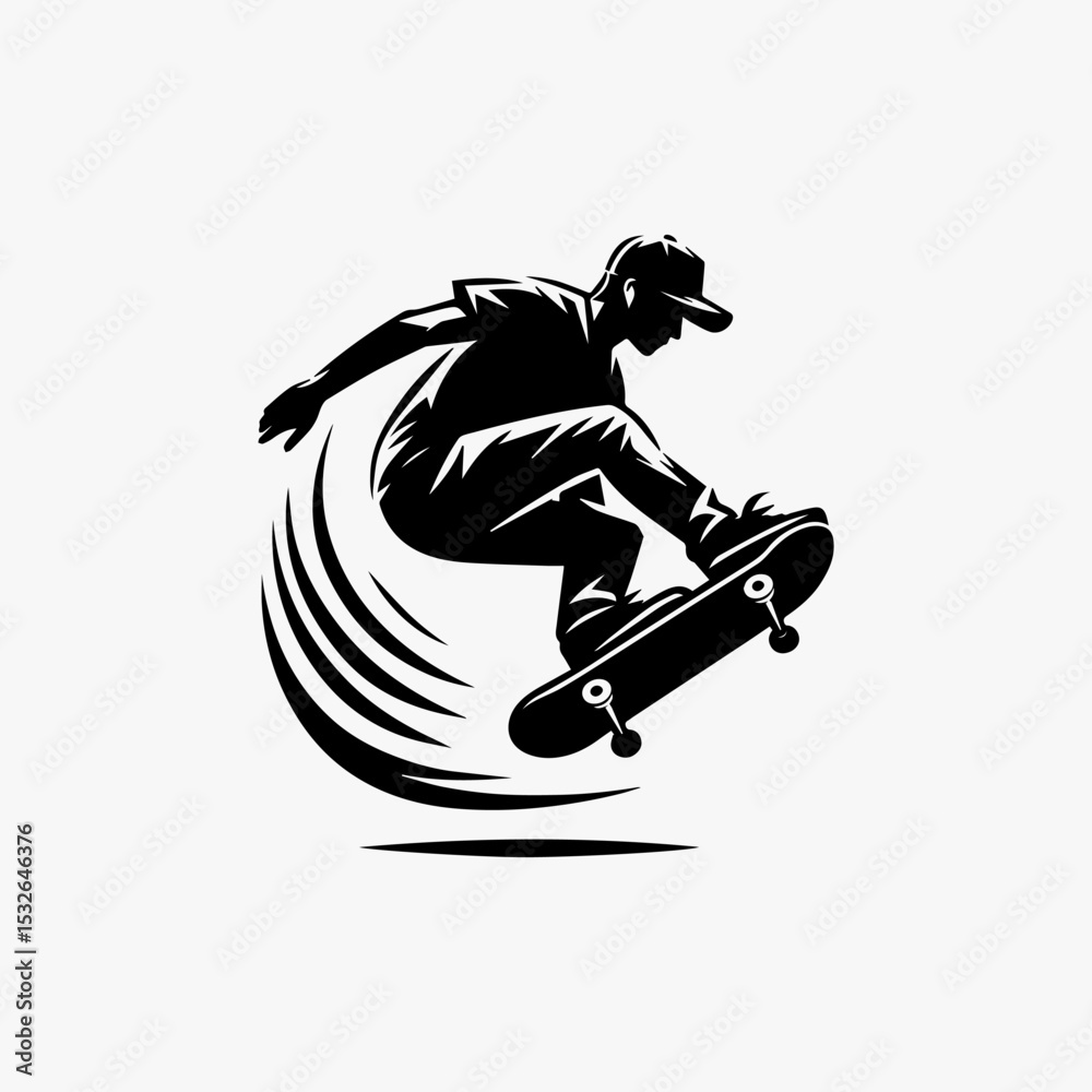 Dynamic street skater vector art showcasing gravity-defying trick with flying board and wind-swept stance