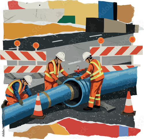 Construction Workers Repairing Large Blue Pipeline on Road with Safety Barriers and Cones Vector Illustration 