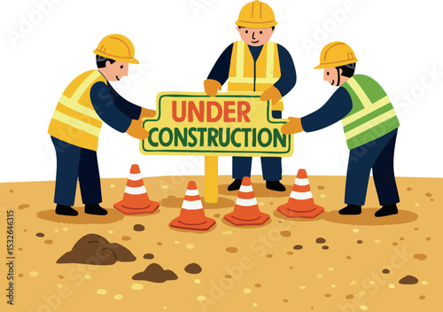 Construction workers placing under construction sign on site with safety cones vector illustration 