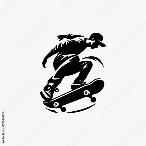 Dynamic street skater vector art showcasing gravity-defying trick with flying board and wind-swept stance