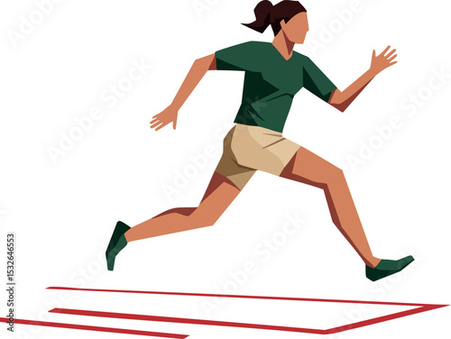 Woman athlete running sprint track in green and beige activewear vector illustration 