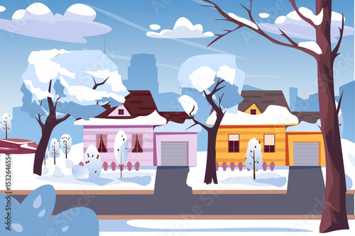 A colorful winter scene depicting a neighborhood covered in snow with pastel-colored houses, bare trees, and soft clouds in a blue sky.