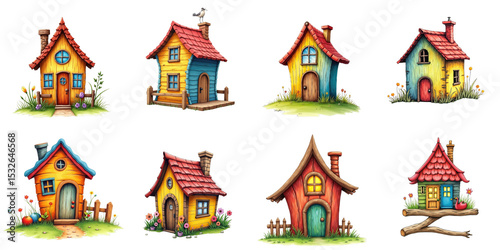 Set of eight whimsical illustrations of colorful houses designed with colored pencils, isolated on a transparent background, featuring various styles and details of architecture.
