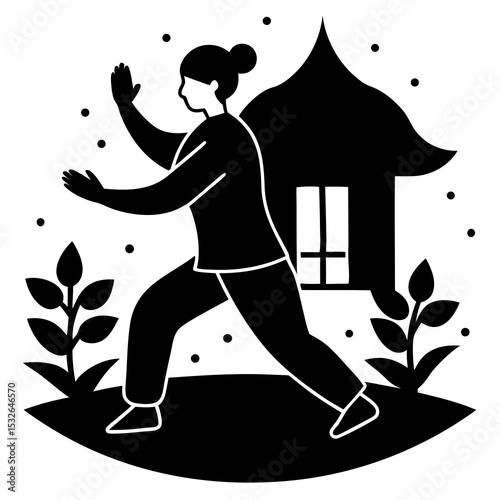 Person practicing tai chi in garden