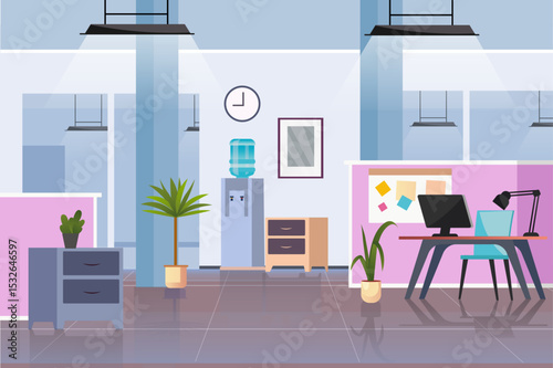 A modern office interior featuring a water cooler, plants, and workstations in a clean layout. The design is bright and inviting.