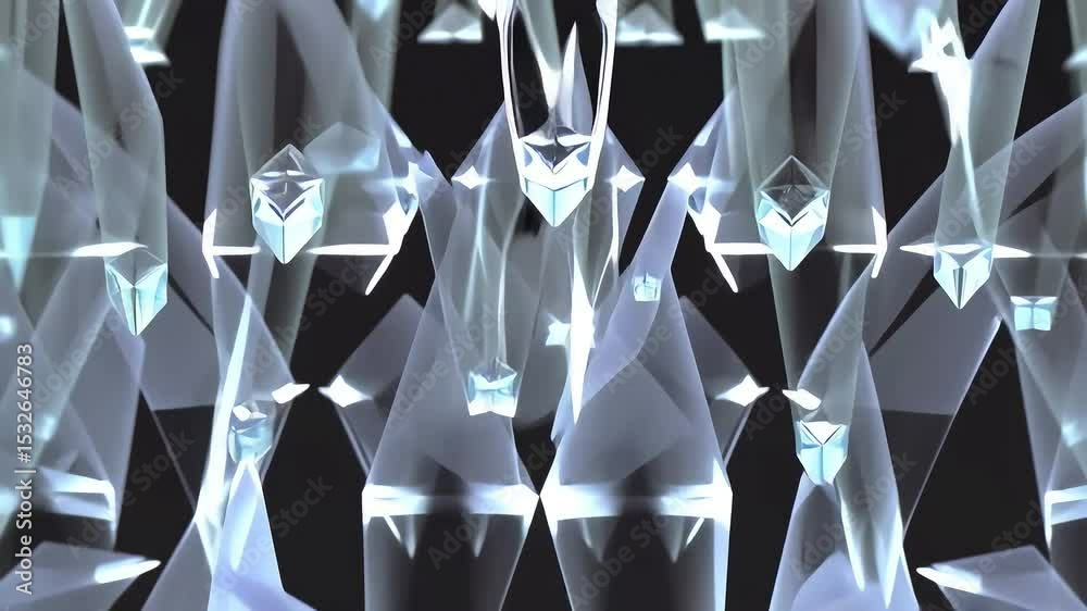 Expanding crystal shards of geometrically perfect forms such as cubes and pyramids reflecting light and casting intricate shadows