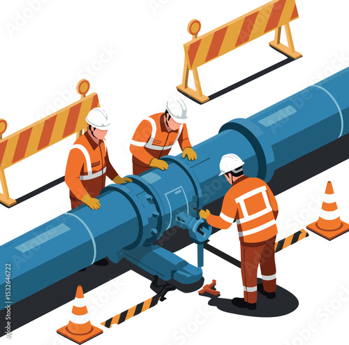 Workers repairing large industrial pipeline with safety barriers and cones in vector illustration 