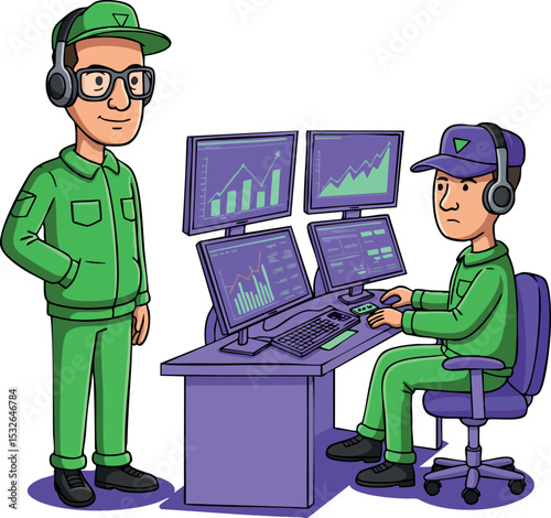 Two workers monitoring data on multiple computer screens in control room vector illustration 