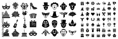 Modern illustration clip-art featuring a carnival icon set in black silhouette style, including party and masquerade collection signs and symbols isolated on a white background