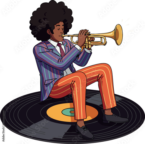 Afro man playing trumpet sitting on vinyl record music and jazz theme vector illustration 
