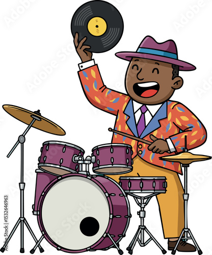 Male Jazz Drummer Playing Drum Set Wearing Colorful Clothes and Hat Vector Illustration 