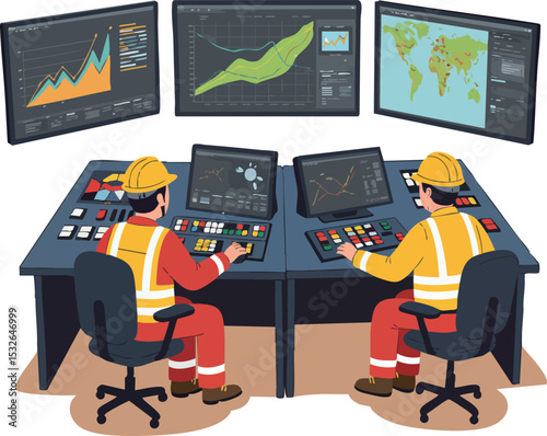 Industrial Control Room Operators Monitoring Data and Charts on Screens Vector Illustration 