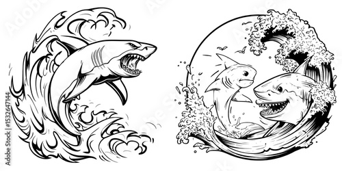 Modern icon logos often include illustrations of sharks, dolphins, whales, and ocean waves in cartoon graphic characters