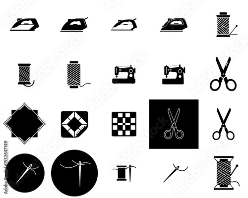 Sewing icons featuring tools and materials in black silhouette style  
