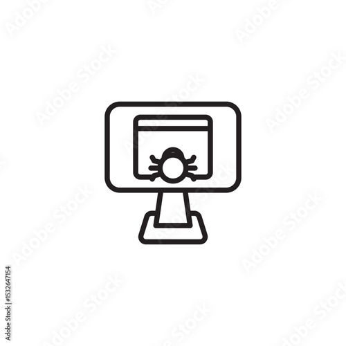 An icon representing a computer infected with malware, featuring a monitor displaying a bug or spider-like symbol, symbolizing a virus or cybersecurity threat.