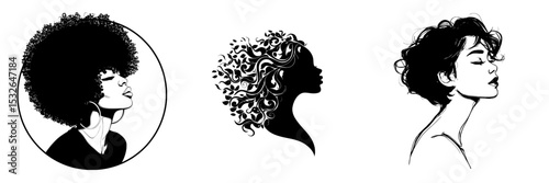 Modern art design featuring the silhouette of a woman's profile with curly hair