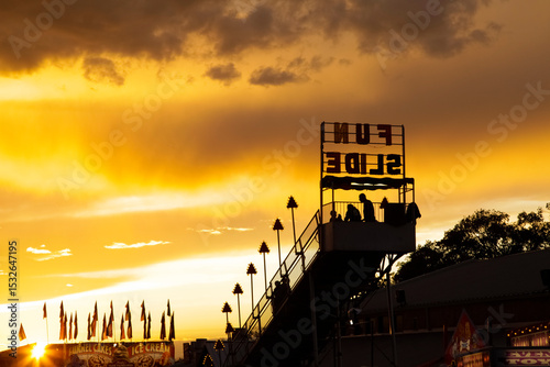 Albuquerque, New Mexico, United States. State Fair, amusement park rides at sunset.
