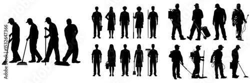 Modern silhouette collection of cleaning service janitor workers