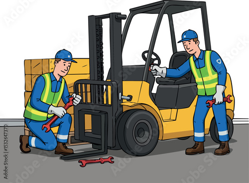 Forklift Maintenance Workers Repairing Industrial Vehicle in Safety Gear Vector Illustration 