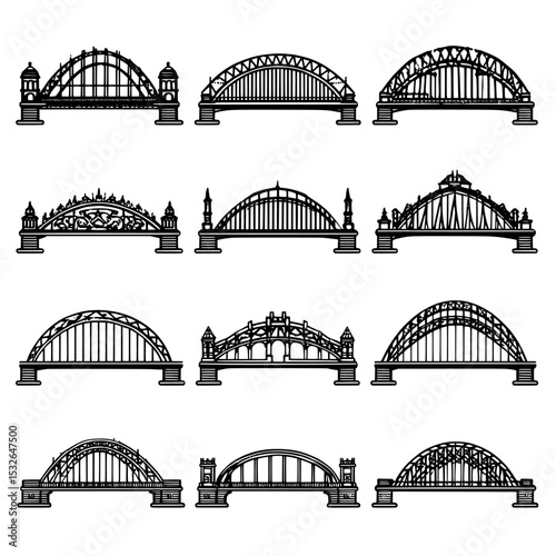 A collection of various bridges, depicted in isolation on a white backdrop, presented in a black and white color scheme, as part of a contemporary illustration