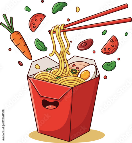 Asian noodles with chopsticks and fresh vegetables in red takeout box vector illustration 