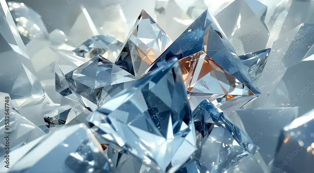 Expanding crystal shards of geometrically perfect forms such as cubes and pyramids reflecting light and casting intricate shadows