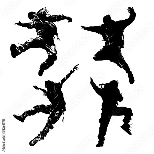 Parkour enthusiasts are depicted in a set of outlines and silhouettes showcasing men and women performing extreme athletic maneuvers