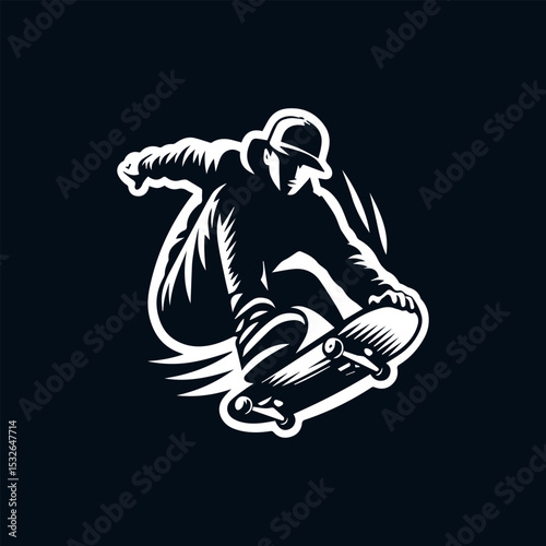 Stylized white silhouette of a skateboarder mid-air on a dark background. Urban extreme sport concept
