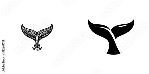 The graphic icon of a whale tail is depicted as a black sign on a white background, symbolizing sea life and used in modern logos