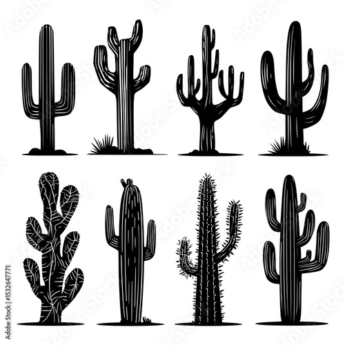 Black silhouettes of cacti are showcased in a contemporary set of icons, created using a flat design aesthetic and provided in EPS 10 format