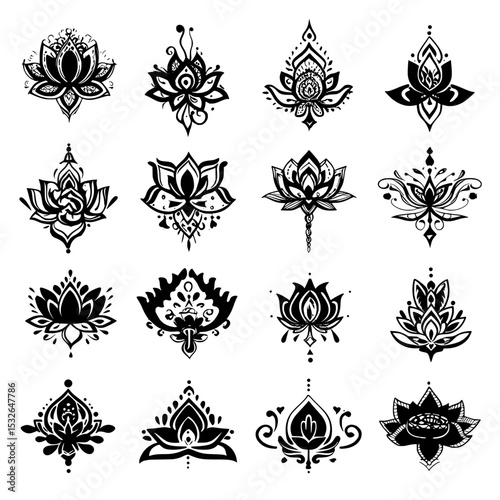 A modern set of linear icons and a black glyph of lotus flowers