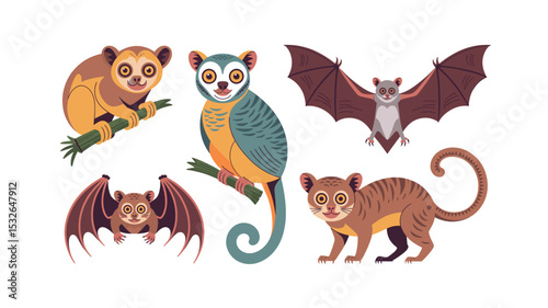 Cute Cartoon Lorises and Bats Illustration on a White Background