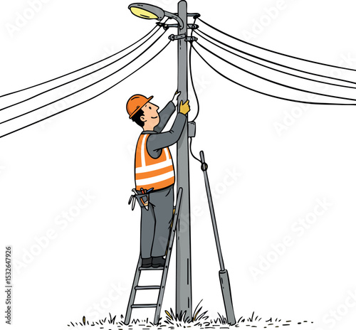 Electrician working on utility pole with ladder orange vest and helmet vector illustration 