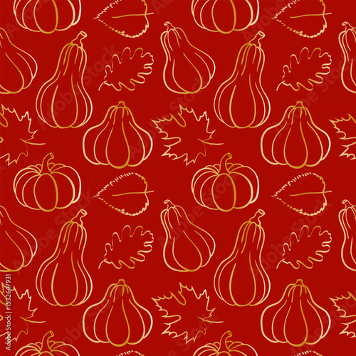 chic decorative texture for Thanksgiving with delicate golden lines of pumpkin and various autumn leaves seamless autumn pattern red background