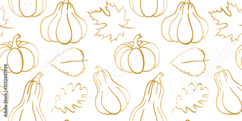 golden outline pumpkins and autumn leaves seamless pattern on white background elegant fall harvest design for thanksgiving