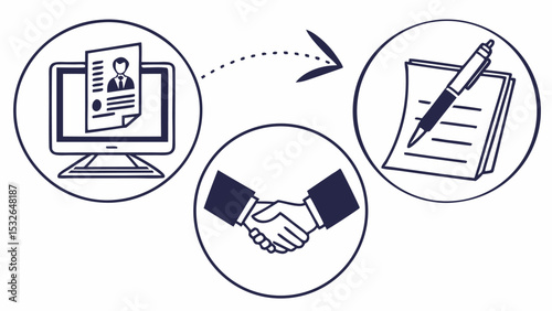 Illustration depicting online application process leading to handshake and contract signing in circles