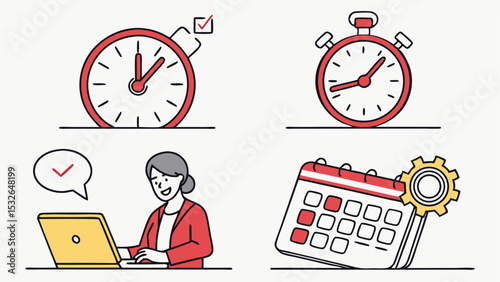 Illustration showing time management elements including clocks, calendar, and a woman working on a laptop