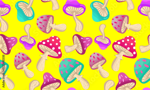 neon fantasy fungi endless tileable backdrop fun design for modern graphic applications colorful whimsical mushroom print background textile pop art projects