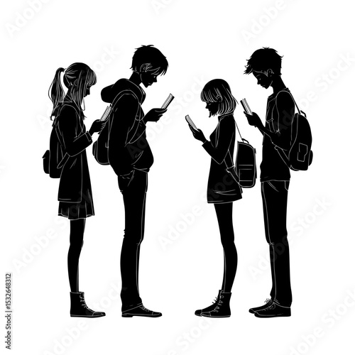 In a modern illustration, a black and white silhouette of teenage boys and girls is seen with books and backpacks