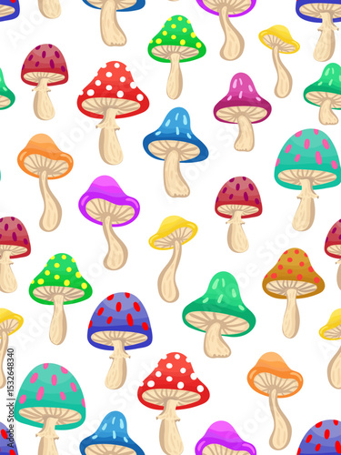 colorful cartoon mushrooms seamless pattern playful vibrant fungi background for textile and kids designs whimsical toadstools repeating wallpaper design