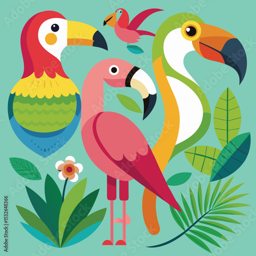 Tropical Birds Collection Toucan Parrot Flamingo
